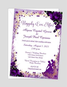 an elegant purple and gold wedding card with the words happily ever after on it's front