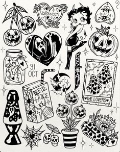 an image of halloween stickers on a white paper with black and white inks