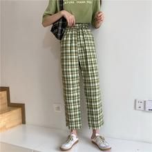 High Waist Colorful Plaid Pants – Tomscloth Casual Green Summer Pants, Casual Green Cotton Bottoms, Retro Baggy Bottoms For Spring, Green Casual Bottoms, Casual Green Bottoms, Green Cotton Pants For Summer, Casual Spring Pants, Casual Green Fall Pants, Green Casual Pants With Elastic Waistband