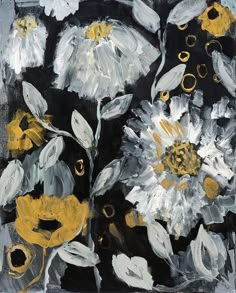 a painting of white and yellow flowers on a black background