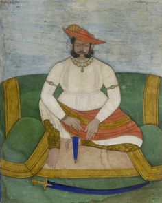 an old painting of a man sitting on a green couch with a knife in his hand