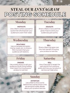 a poster with the words posting schedule written in white and brown text on it