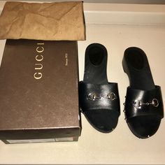 Authentic Gucci Clog Sandals In Black. Good Condition. Comfortable. Has A Small Clog Heel. A Few Scratches From Wear In The Front Back And Side Size 38. Comes With Box And Dustbag. Please Ask For More Pics Or Any Questions. Clog Sandals, Clog Heels, Gucci Mules, Gucci Black, Gucci Shoes, Mule Clogs, Mules Shoes, Black Color, Clogs