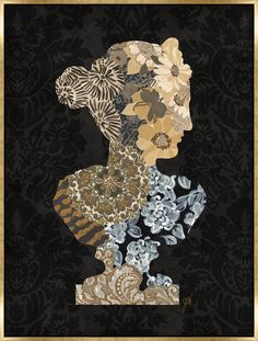 the silhouette of a woman with flowers in her hair is shown on a black background