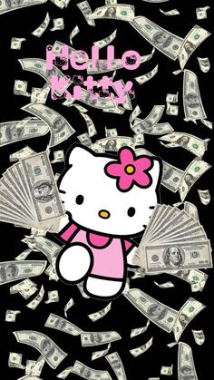 a hello kitty poster with money falling from the sky