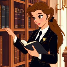 an animated image of a woman holding a book in front of a bookshelf