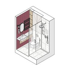 a drawing of a bathroom with a sink, toilet and shower stall in it's corner