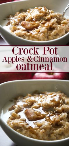 crock pot apples and cinnamon oatmeal in a white bowl