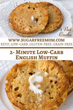 two mini low carb english muffins on a white plate with text overlay