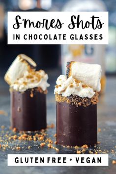 edible chocolate shot glasses filled with liqueur of choice and topped with whipped cream, cookie crumbs, and a toasted marshmallow - a S'mores Shot. Hot Chocolate Shots Cups, S’mores Shots, Edible Shot Glasses Recipes, Chocolate Shots Alcohol, Shot Glass Mold Recipes, Cocoa Balls, Toast Marshmallows