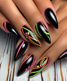 Nail Art Neon Colors, Sassy Nails Almond, Agust Nails, Summer Nail 2024 Trends Almond, Black And Neon Nails, Summer Almond Nails, Almond Nails Ideas, Nails Vibrant, August Nails