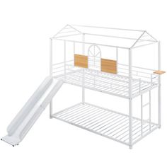 a white bunk bed with a slide and wooden slats on the bottom floor, in front of a white background