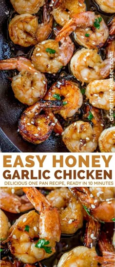 easy honey garlic chicken in a skillet with text overlay that reads easy honey garlic chicken