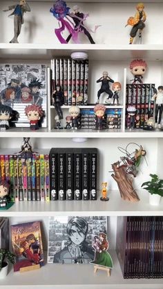 a book shelf filled with anime figurines and books