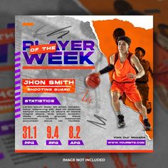 a flyer for a basketball game with an image of a player in orange and purple