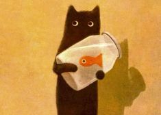 a black cat with a fish in it's mouth is holding a plastic bag