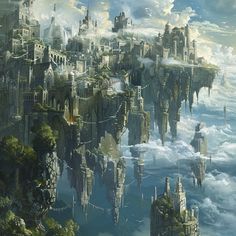 a fantasy city floating in the air surrounded by clouds