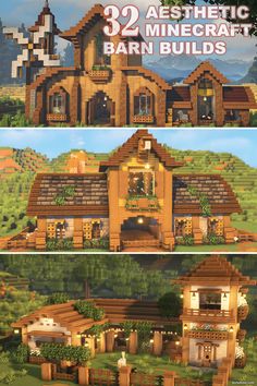 two different views of a house in minecraft with the words, 29 aesthetic architecture barn buildings