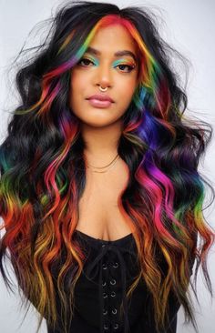 Cool Multicolor Hair, Long Hair Bright Color Ideas, Bright Colour Hair Ideas, Black With Rainbow Hair, Dark Hair With Vivid Money Piece, Glow In The Dark Hair Extensions, Red And Rainbow Hair, Black And Vivid Hair, Dramatic Hair Color Ideas