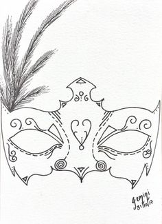 a drawing of a mask with feathers on it