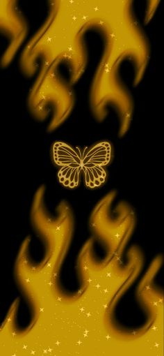 a yellow butterfly flying through the air with stars on it's backgroun