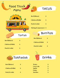 the food truck menu is shown with different types of foods and drinks in each section