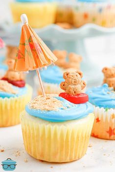 three cupcakes decorated with teddy bears and other treats on a blue platter