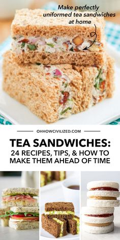 sandwiches are stacked on top of each other with the words tea sandwiches written below them