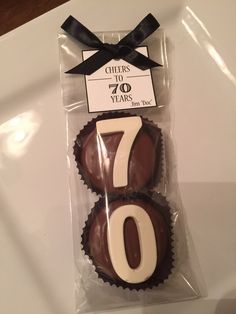 two chocolates with white frosting in the shape of seventy and 70th birthday cakes