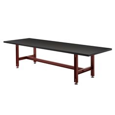 a black table sitting on top of a white floor next to a wooden frame and metal legs