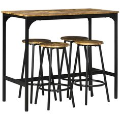 three stools and a table with four barstools in black, wood and metal