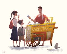 three people are standing in front of a cart with ice cream and sorbets on it