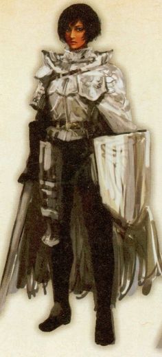 a drawing of a woman dressed in armor