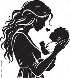 the silhouette of a woman holding a baby in her hands, with hearts above her head