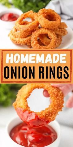 homemade onion rings with ketchup on the side and text overlay reading homemade onion rings