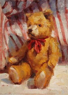 a painting of a teddy bear with an american flag in the background