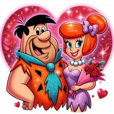 a cartoon character holding a bouquet of flowers next to a man in a flintter costume