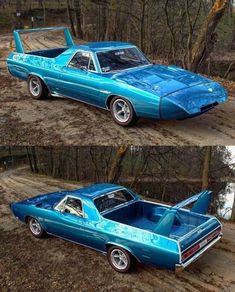 two pictures of a blue muscle car in the woods, one is painted like a batmobile