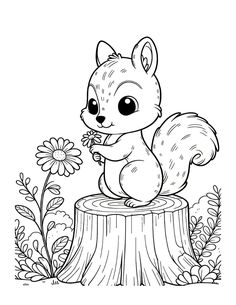 a cartoon squirrel sitting on top of a tree stump with flowers in the foreground