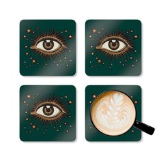 four coasters with an eye on them and coffee in front of the eye,