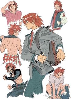 an anime character with red hair and many other characters around him, all in different poses