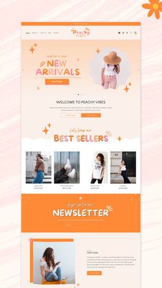 the website design for new arrivals is displayed in orange and white colors, with an image of