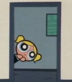 an animated image of a woman with big eyes looking out the window at another cartoon character