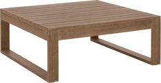 a wooden coffee table with slats on the top and bottom, against a white background