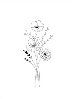 a black and white drawing of flowers