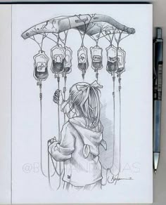 a drawing of a girl standing in front of an umbrella with skulls hanging from it