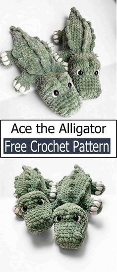 crocheted alligator slippers with text overlay that reads, ace the alligator free crochet pattern