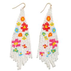 Brighten up your look with these stunning Seed Beaded Flower Tassel Drop Earrings, a playful and eye-catching accessory designed to make a statement. These earrings are meticulously crafted with intricate seed beading, showcasing beautiful floral motifs in white with pops of vibrant colors. Measuring approximately 3.75 inches in length, these earrings offer a bold, dangling silhouette that adds a whimsical yet sophisticated touch to any outfit. Whether you're headed to a summer festival, brunch Spring Beaded Flower Earrings For The Beach, Bohemian Beaded Flower Earrings For Spring, White Dangle Flower Earrings With Colorful Beads, White Flower Dangle Earrings With Colorful Beads, Spring Bohemian Beaded Flower Earrings, Summer White Flower Earrings With Colorful Beads, Spring Colorful Bead Dangle Earrings, Beaded Flower Dangle Earrings For Beach, Colorful Beaded Dangle Flower Earrings For Summer