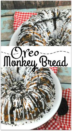 a close up of a bundt cake on a plate with the words oreo monkey bread