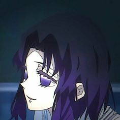 an anime character with purple hair and blue eyes looking at something in the dark room